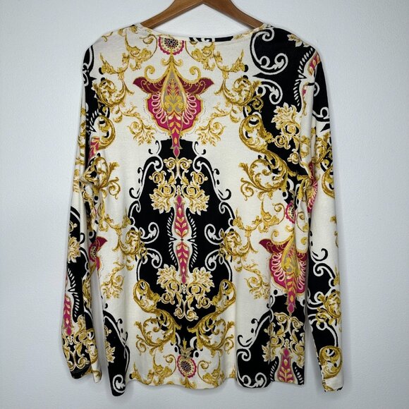 Chicos Scrolled Gold Scarf Tee Size XL 3 V-Neck Long Sleeve - Picture 2 of 12